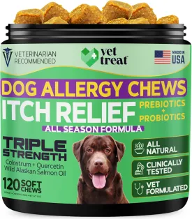 Dog Allergy Relief Chews  Hot Spot & Itch Relief for Dogs with Salmon Oil, Fish Oil, Colostrum, Quercetin & Probiotics  Omega 3 Support for Dry Skin, Coat & Immune Health  Made in USA  120 Chews