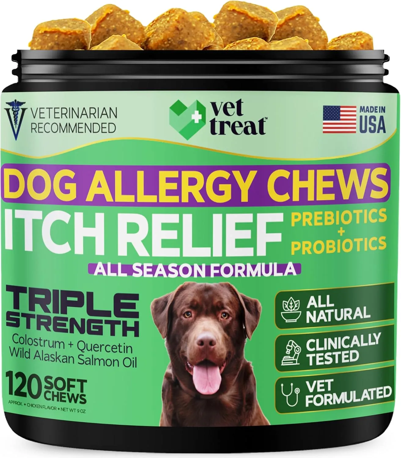 Dog Allergy Relief Chews  Hot Spot & Itch Relief for Dogs with Salmon Oil, Fish Oil, Colostrum, Quercetin & Probiotics  Omega 3 Support for Dry Skin, Coat & Immune Health  Made in USA  120 Chews