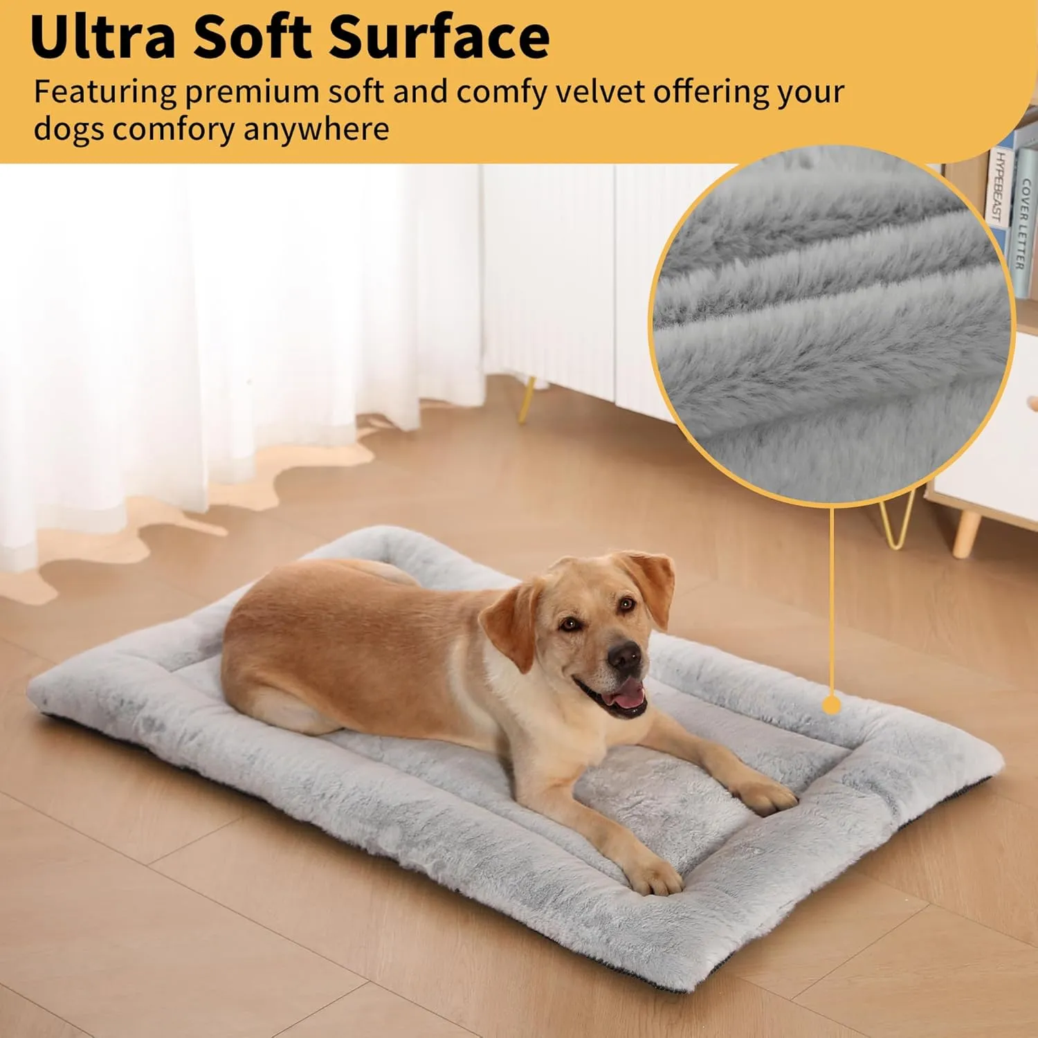 Dog Beds Crate Pad for Medium/Large Dogs, Ultra Soft Faux Fur Dog Bed for Crate, Washable & Anti-Slip Kennel Pad Pillow Cushion for Dogs Cozy Sleeping Mat (36" x 23", Grey