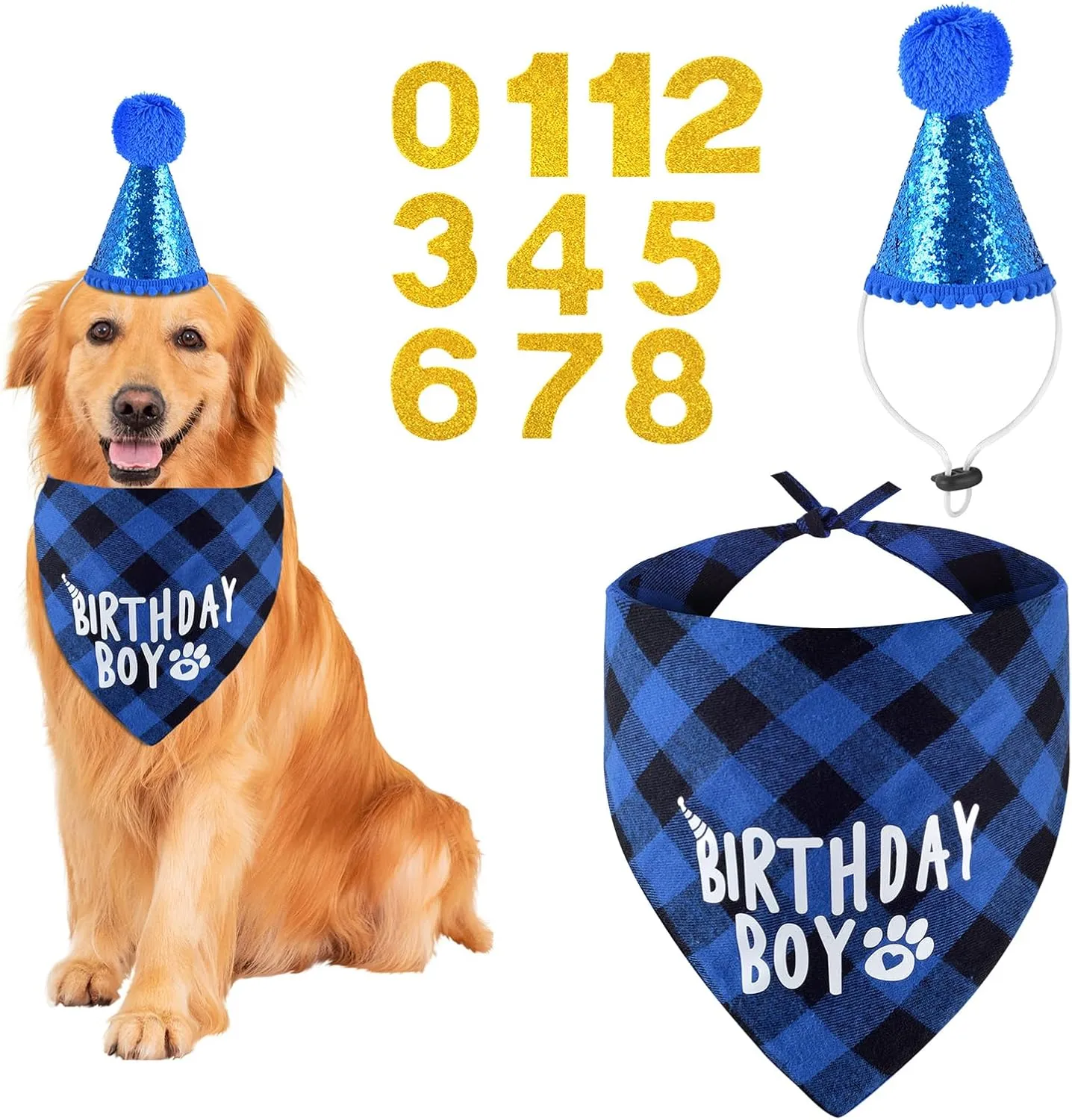 Dog Birthday Party Supplies - Bandana and Hat With Numbers for Small, Medium, Large Pets
