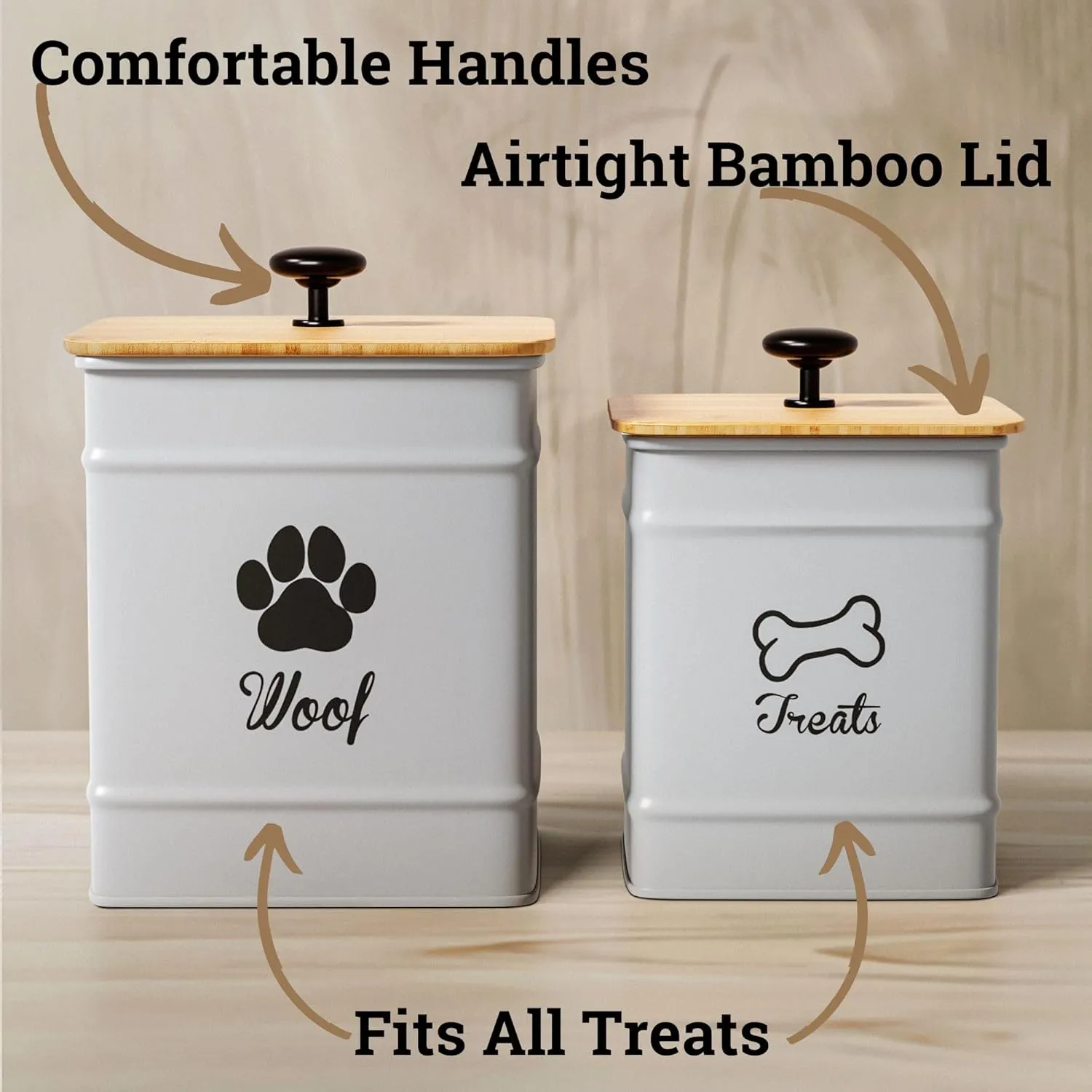 Dog Treat Container Airtight Set of 2 - 8x6 & 7x5 inch Iron Dog Treat Jars for Kitchen Counter with Airtight Bamboo Lids - 20 Cup Capacity Pet Treat Container Set - Doggie Cookie Jar - Treats Canister