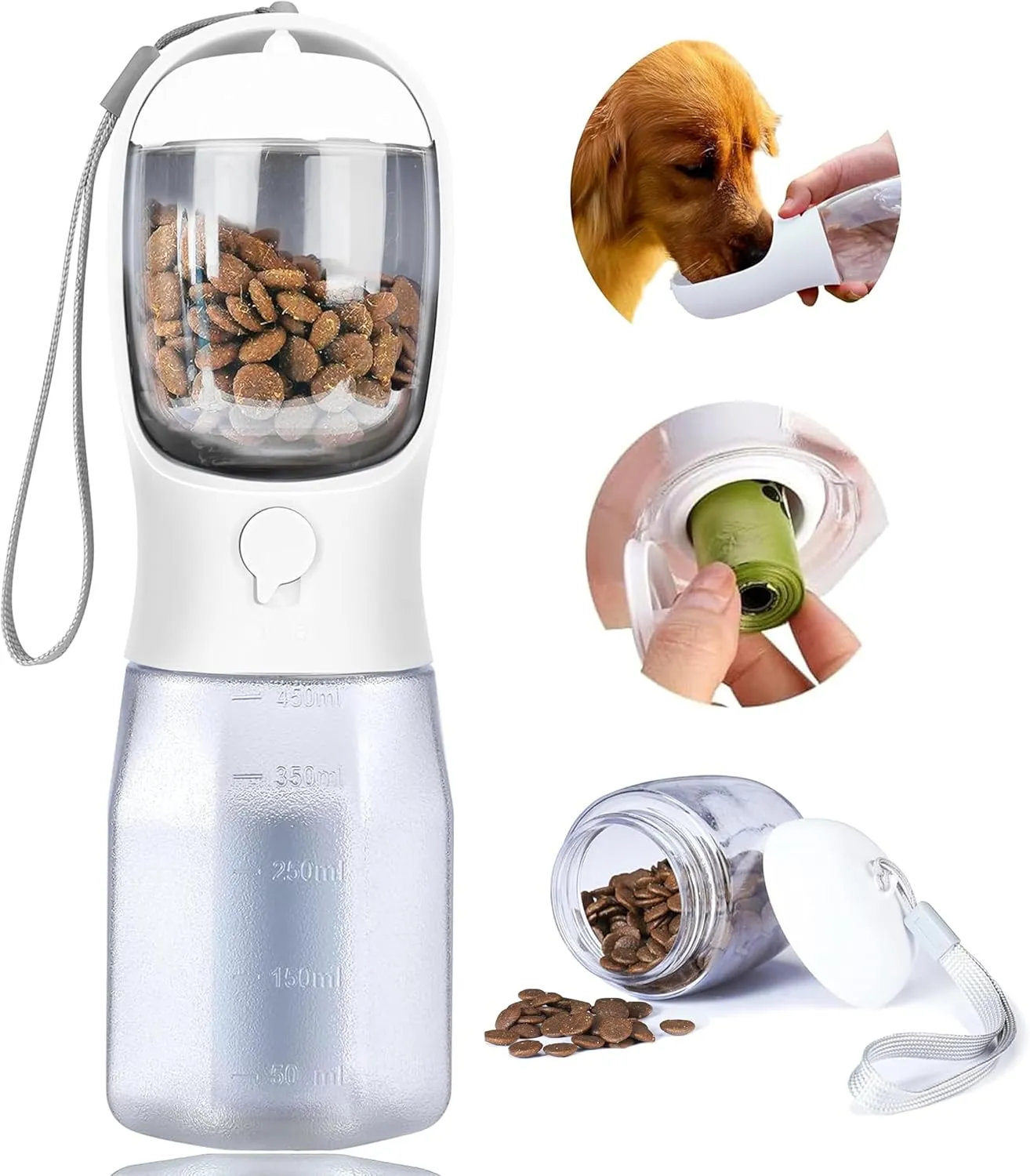 Dog Water Bottle with Food Container, Portable Pet Dog Water Dispenser for Outdoor Walking,Hiking,Travel,Puppy Essentials,Puppy Supplies,Replaceable Waste Bags