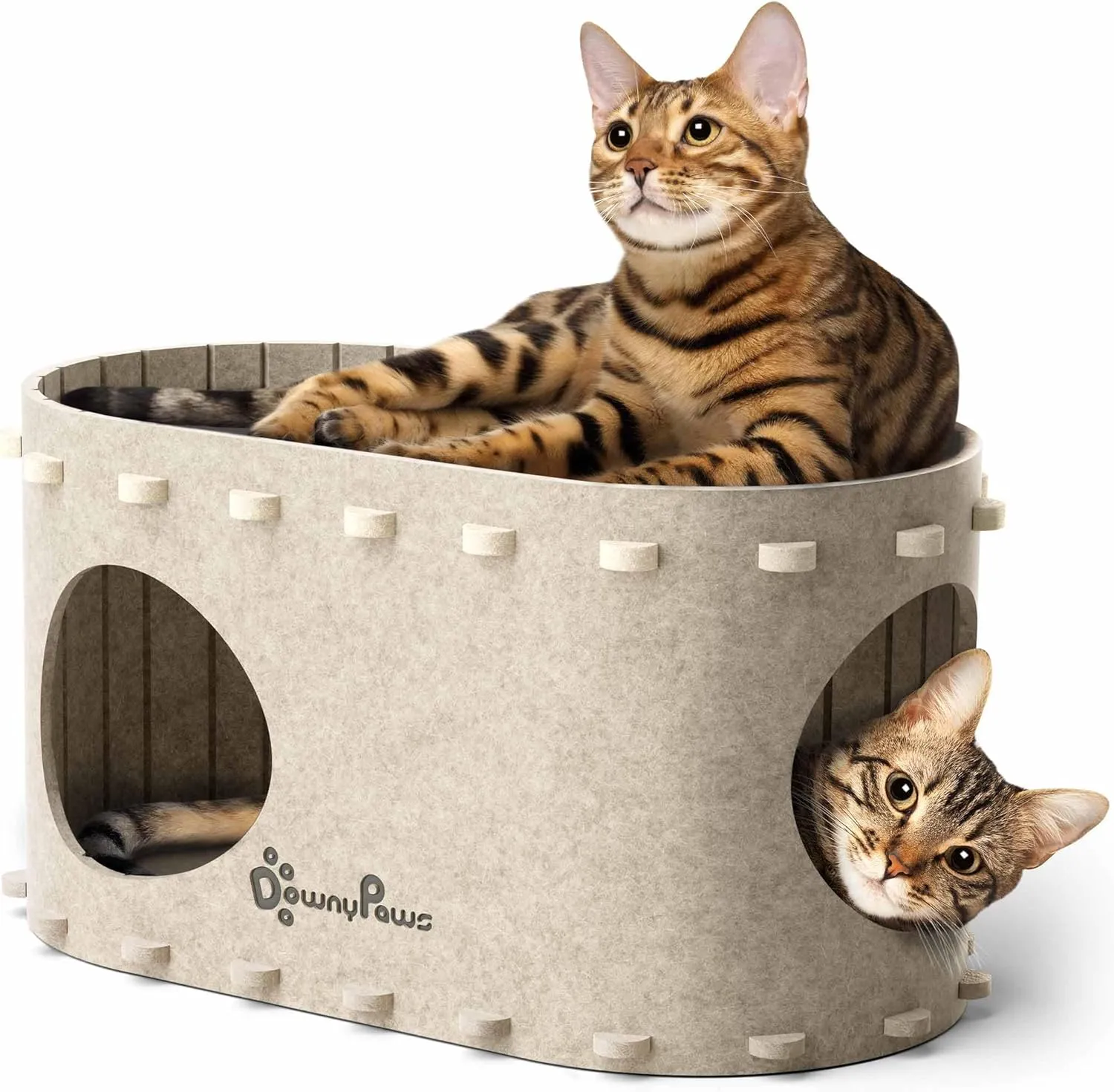 DownyPaws Cat House for Indoor Cats, Cat Bed Cave for Multiple & Large Cats Up to 22 Lbs, Scratch Resistant Peekaboo Cat Caves, Foldable Cat Tunnel Enclosed Bed, PeekaPurr, Cream
