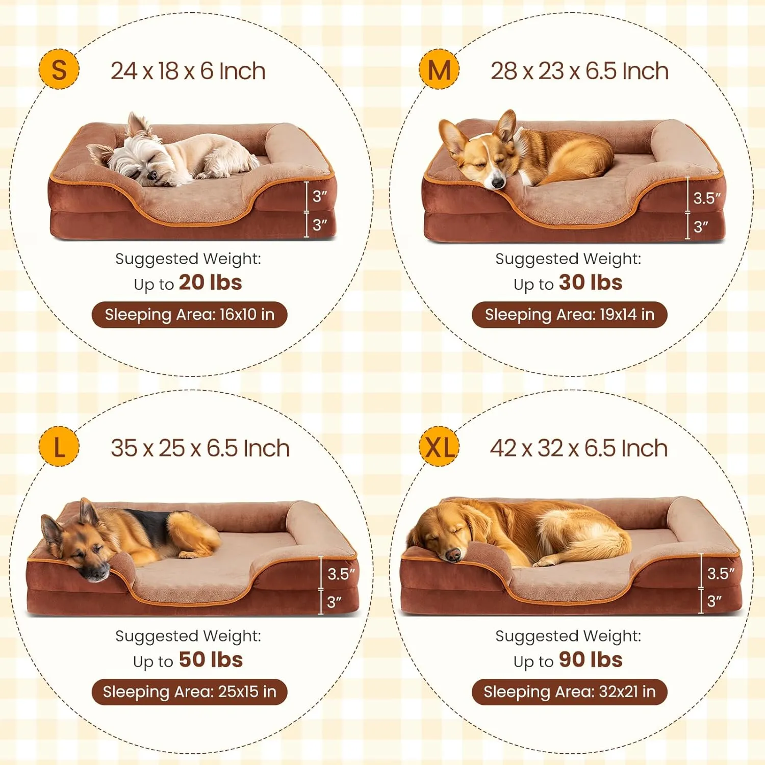 DUMOS Orthopedic Dog Bed for Small Size Dogs, Supportive Memory Foam Dog Sofa with Washable Removable Cover Non-Slip Base Waterproof Pet Couch Bed, Brown, 24" L x 18" W x 6" Th