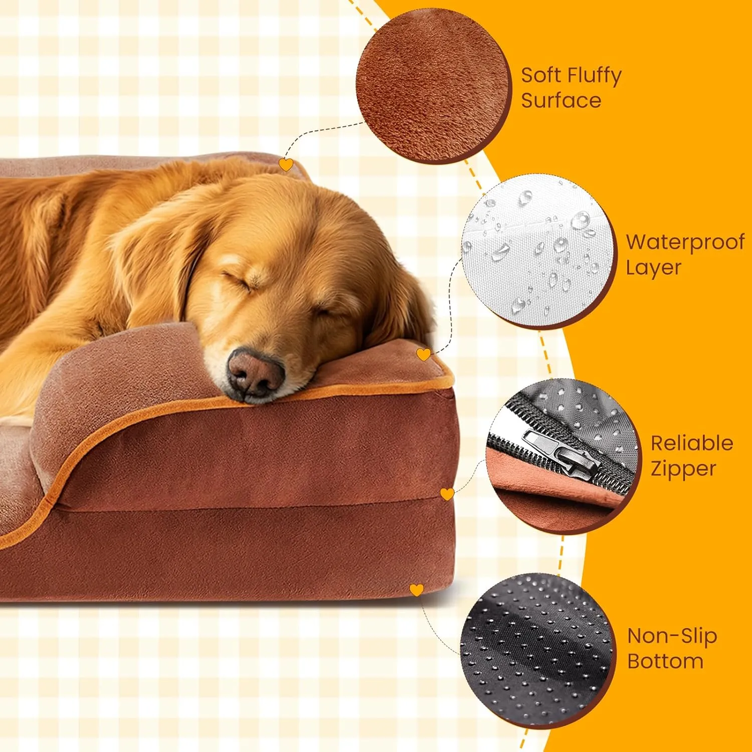 DUMOS Orthopedic Dog Bed for Small Size Dogs, Supportive Memory Foam Dog Sofa with Washable Removable Cover Non-Slip Base Waterproof Pet Couch Bed, Brown, 24" L x 18" W x 6" Th