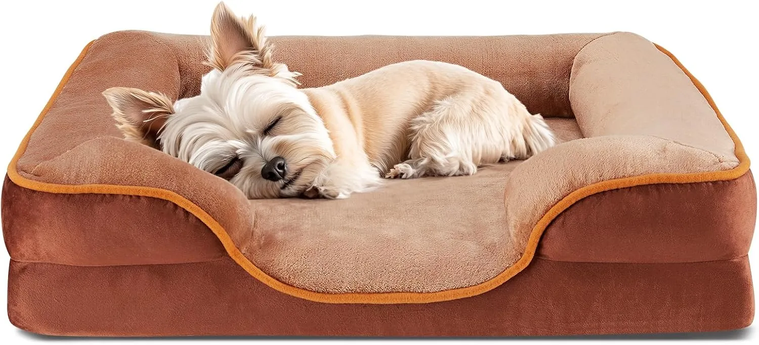 DUMOS Orthopedic Dog Bed for Small Size Dogs, Supportive Memory Foam Dog Sofa with Washable Removable Cover Non-Slip Base Waterproof Pet Couch Bed, Brown, 24" L x 18" W x 6" Th