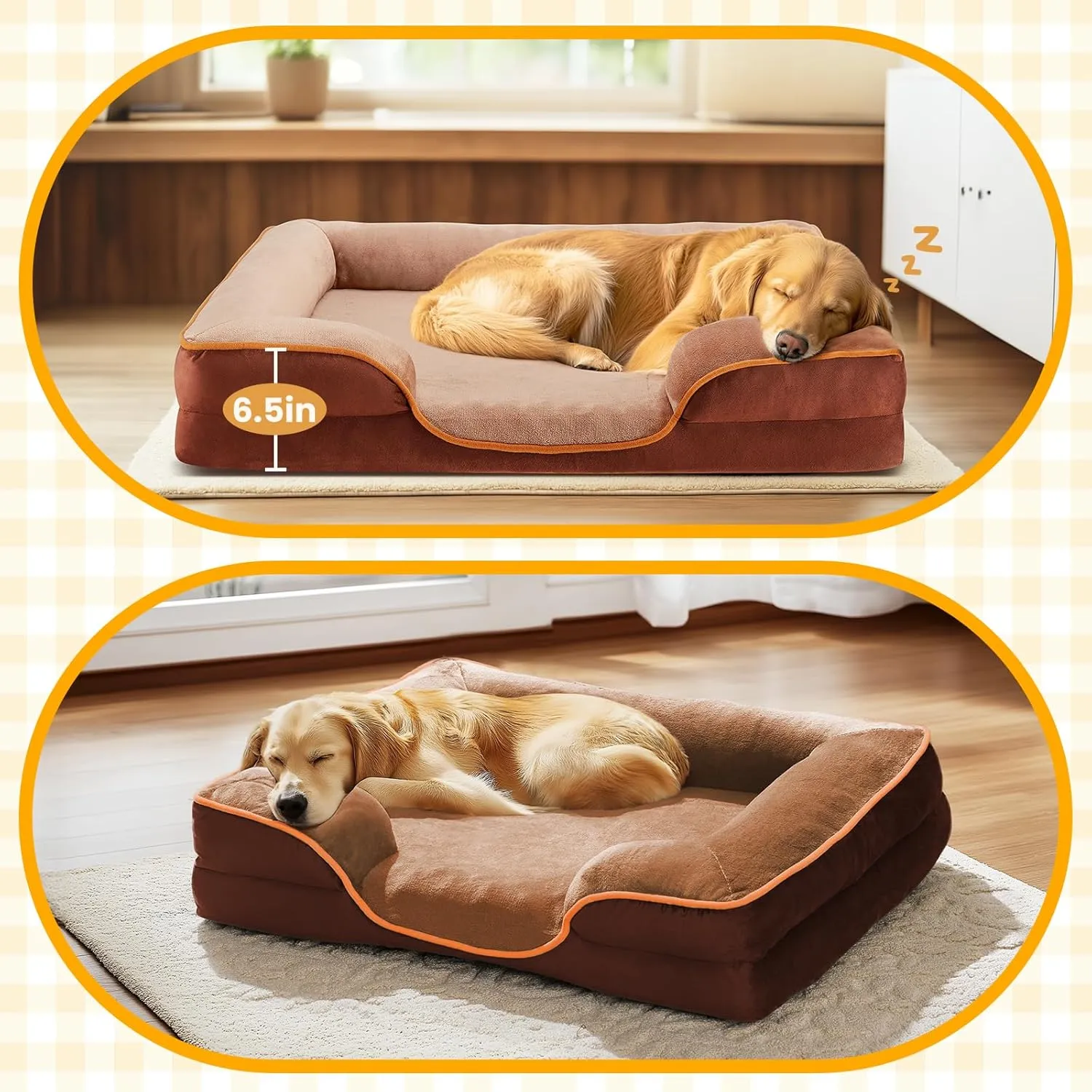 DUMOS Orthopedic Dog Bed for Small Size Dogs, Supportive Memory Foam Dog Sofa with Washable Removable Cover Non-Slip Base Waterproof Pet Couch Bed, Brown, 24" L x 18" W x 6" Th