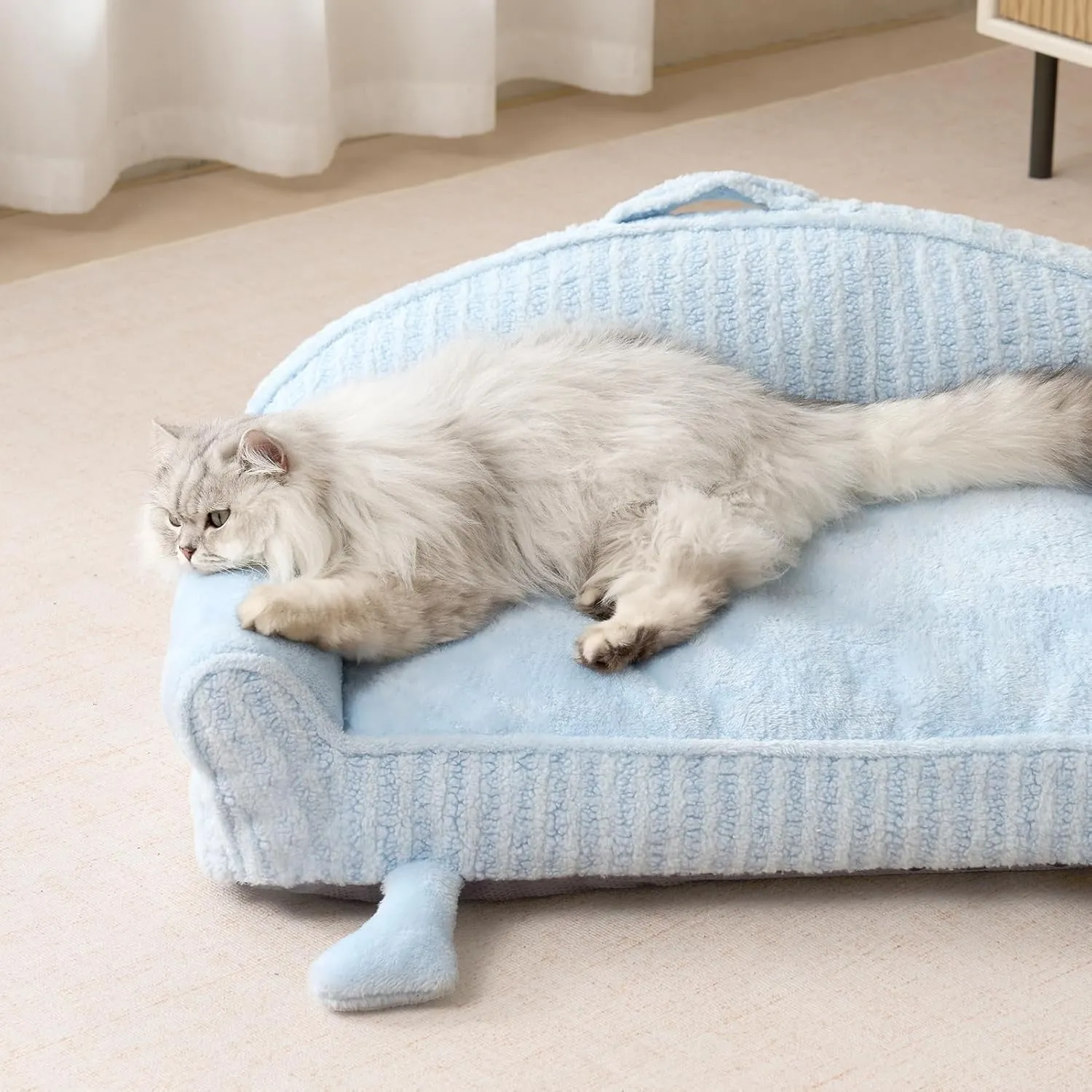 EHEYCIGA Cute Cat Couch Beds for Indoor Cats - Striped Dog Bed Medium Size with Washable Removable Cover, Shredded Memory Foam Waterproof Dog Couch with Non-Slip Bottom, 30 Inch Blue