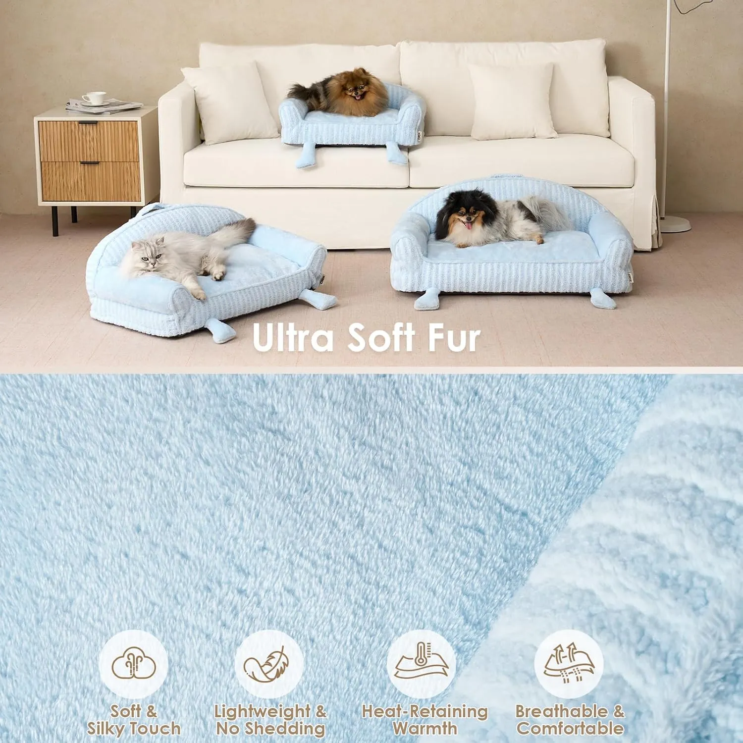 EHEYCIGA Cute Cat Couch Beds for Indoor Cats - Striped Dog Bed Medium Size with Washable Removable Cover, Shredded Memory Foam Waterproof Dog Couch with Non-Slip Bottom, 30 Inch Blue