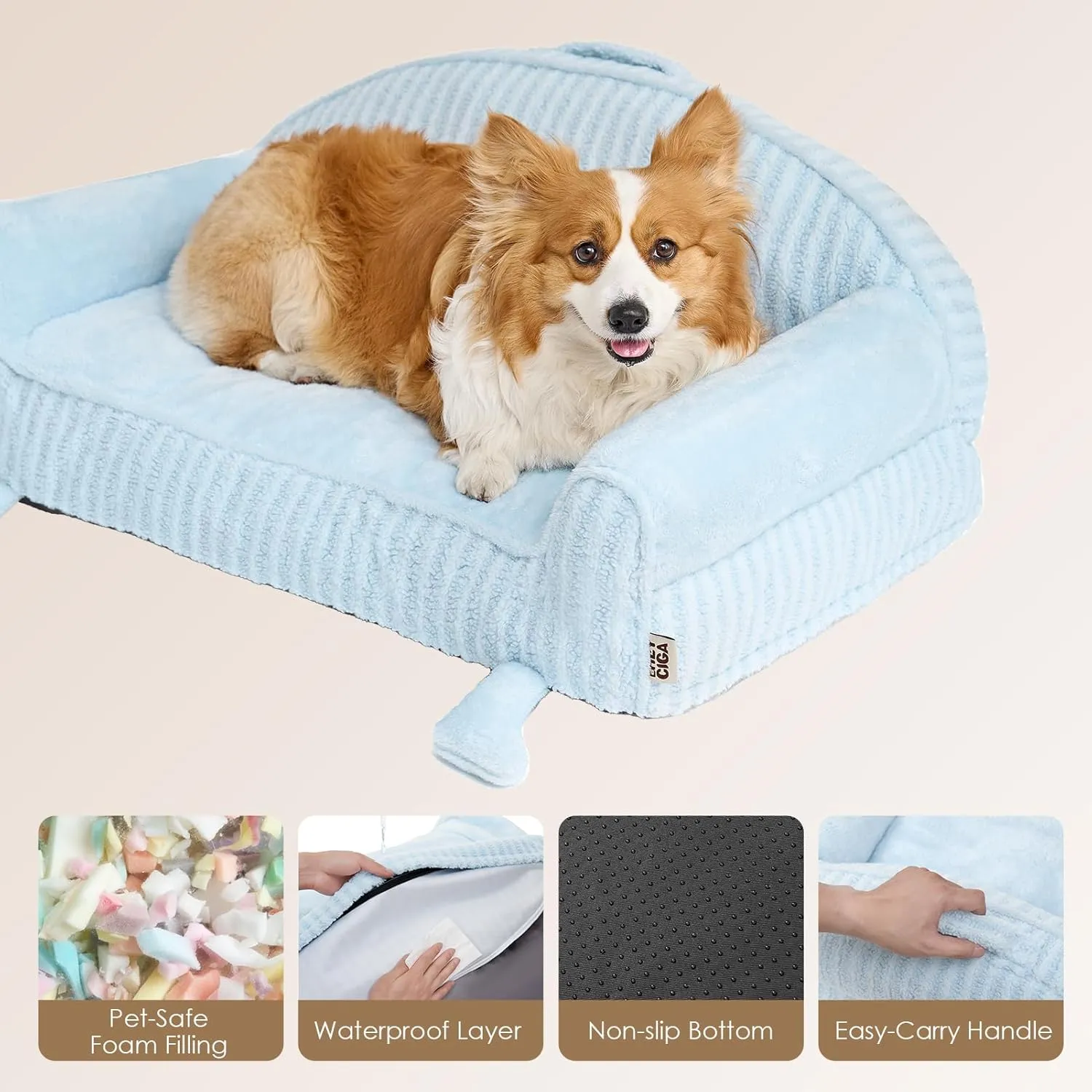 EHEYCIGA Cute Cat Couch Beds for Indoor Cats - Striped Dog Bed Medium Size with Washable Removable Cover, Shredded Memory Foam Waterproof Dog Couch with Non-Slip Bottom, 30 Inch Blue