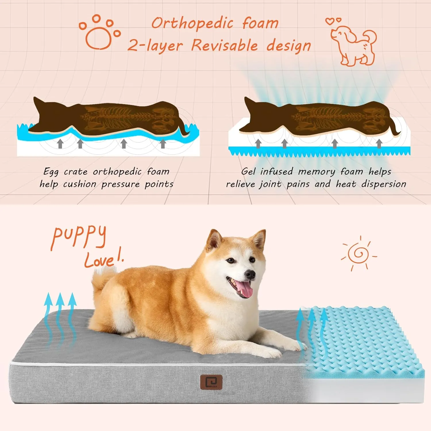EHEYCIGA Orthopedic Memory Foam Dog Beds for Large Dogs with Removable Waterproof Liner, Grey, 35x23