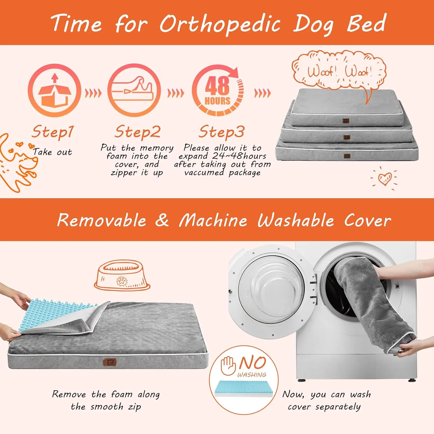 EHEYCIGA Orthopedic Memory Foam Dog Beds for Large Dogs with Removable Waterproof Liner, Grey, 35x23
