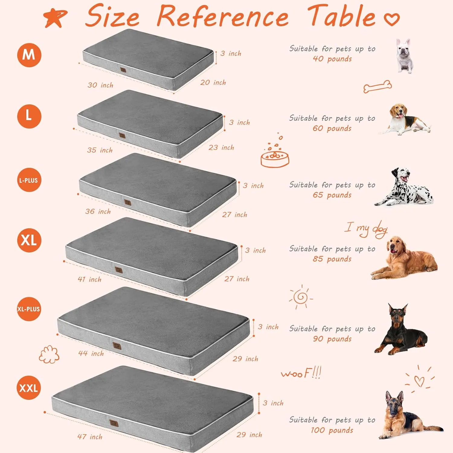 EHEYCIGA Orthopedic Memory Foam Dog Beds for Large Dogs with Removable Waterproof Liner, Grey, 35x23