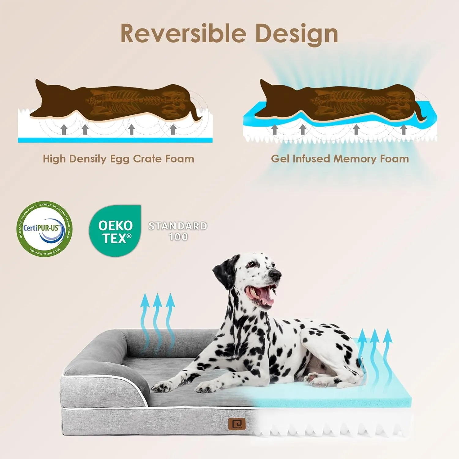EHEYCIGA Orthopedic XL Dog Beds, Waterproof Memory Foam Dog Bed for Extra Large Dogs, Non-Slip Bottom and Egg-Crate Foam Big Pet Couch Bed with Washable Removable Cover, Grey
