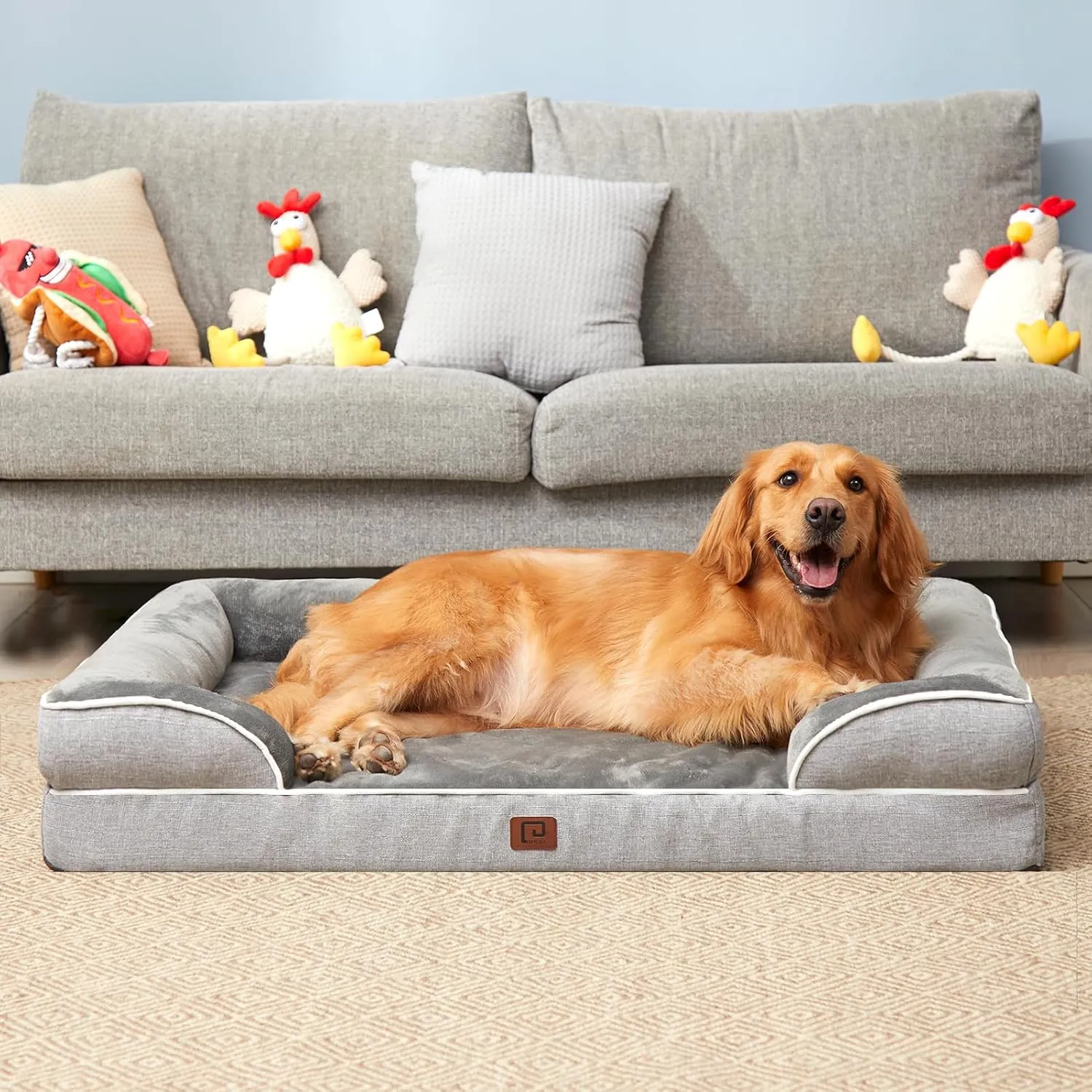 EHEYCIGA Orthopedic XL Dog Beds, Waterproof Memory Foam Dog Bed for Extra Large Dogs, Non-Slip Bottom and Egg-Crate Foam Big Pet Couch Bed with Washable Removable Cover, Grey