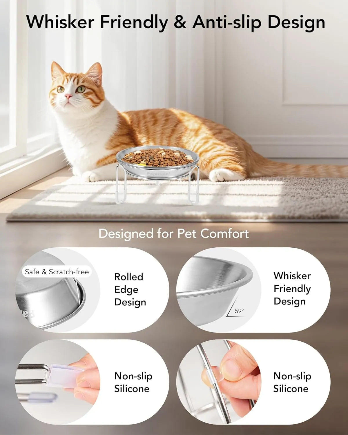 Elevated cat Bowl, 6.3" Wide Raised Stainless Steel Cat Food and Water Dishes, Small Dog Bowl, Whisker Friendly, Anti-Vomiting, Neck Stress-Free, Non-Slip Stianless Steel Stand with 3 Legs- 2Pack