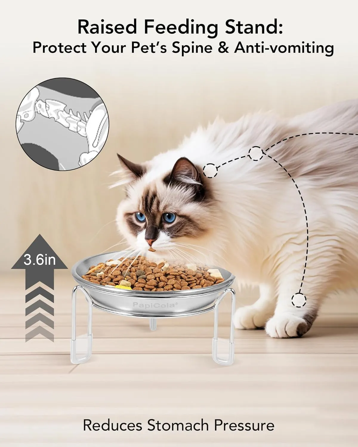 Elevated cat Bowl, 6.3" Wide Raised Stainless Steel Cat Food and Water Dishes, Small Dog Bowl, Whisker Friendly, Anti-Vomiting, Neck Stress-Free, Non-Slip Stianless Steel Stand with 3 Legs- 2Pack