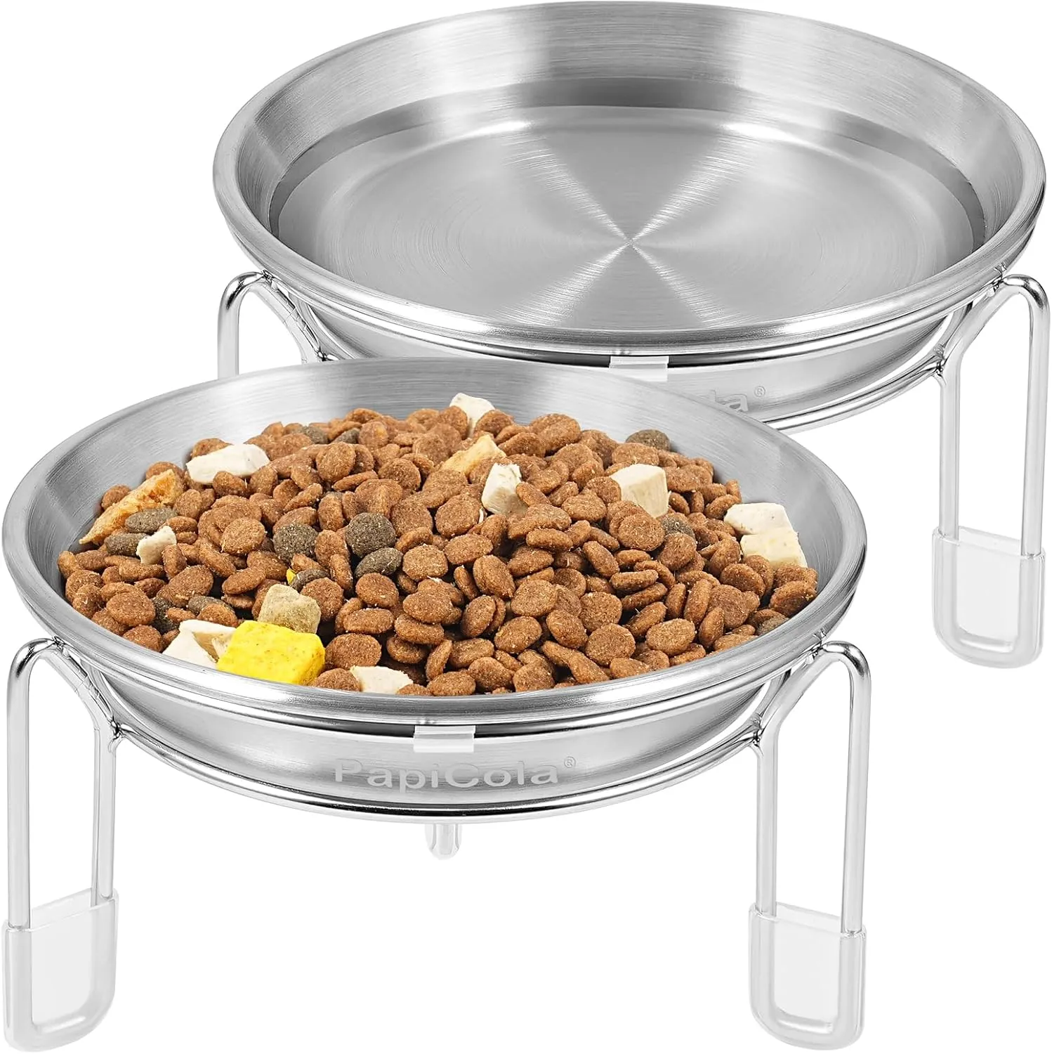 Elevated cat Bowl, 6.3" Wide Raised Stainless Steel Cat Food and Water Dishes, Small Dog Bowl, Whisker Friendly, Anti-Vomiting, Neck Stress-Free, Non-Slip Stianless Steel Stand with 3 Legs- 2Pack