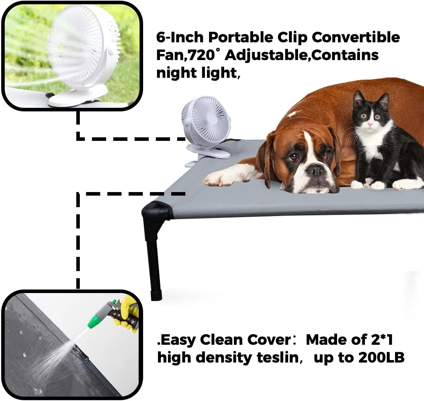 Elevated Raised Cooling Cots Bed for Extra-Large Dogs, Raised Dog-Hammock Beds Off Ground for Indoor and Outdoor & Clip Fan(42 inches, Large)