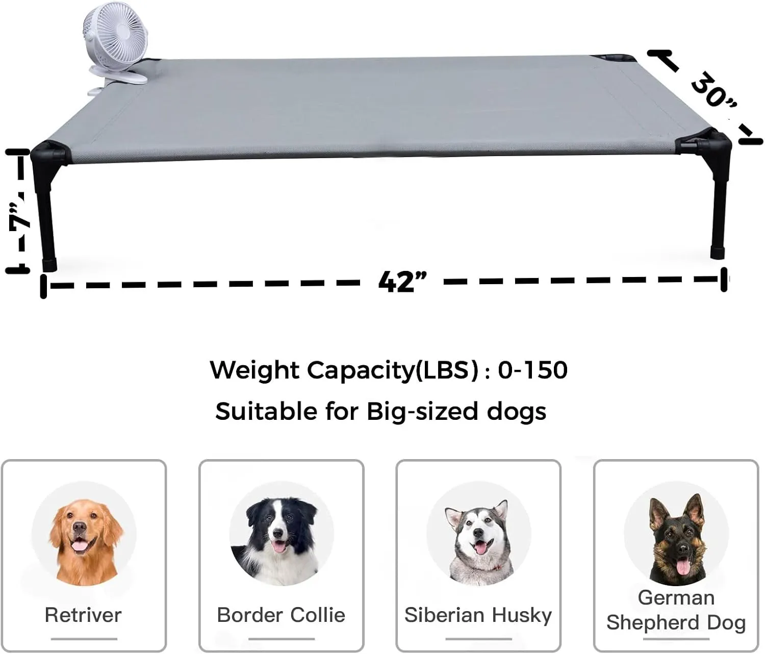 Elevated Raised Cooling Cots Bed for Extra-Large Dogs, Raised Dog-Hammock Beds Off Ground for Indoor and Outdoor & Clip Fan(42 inches, Large)
