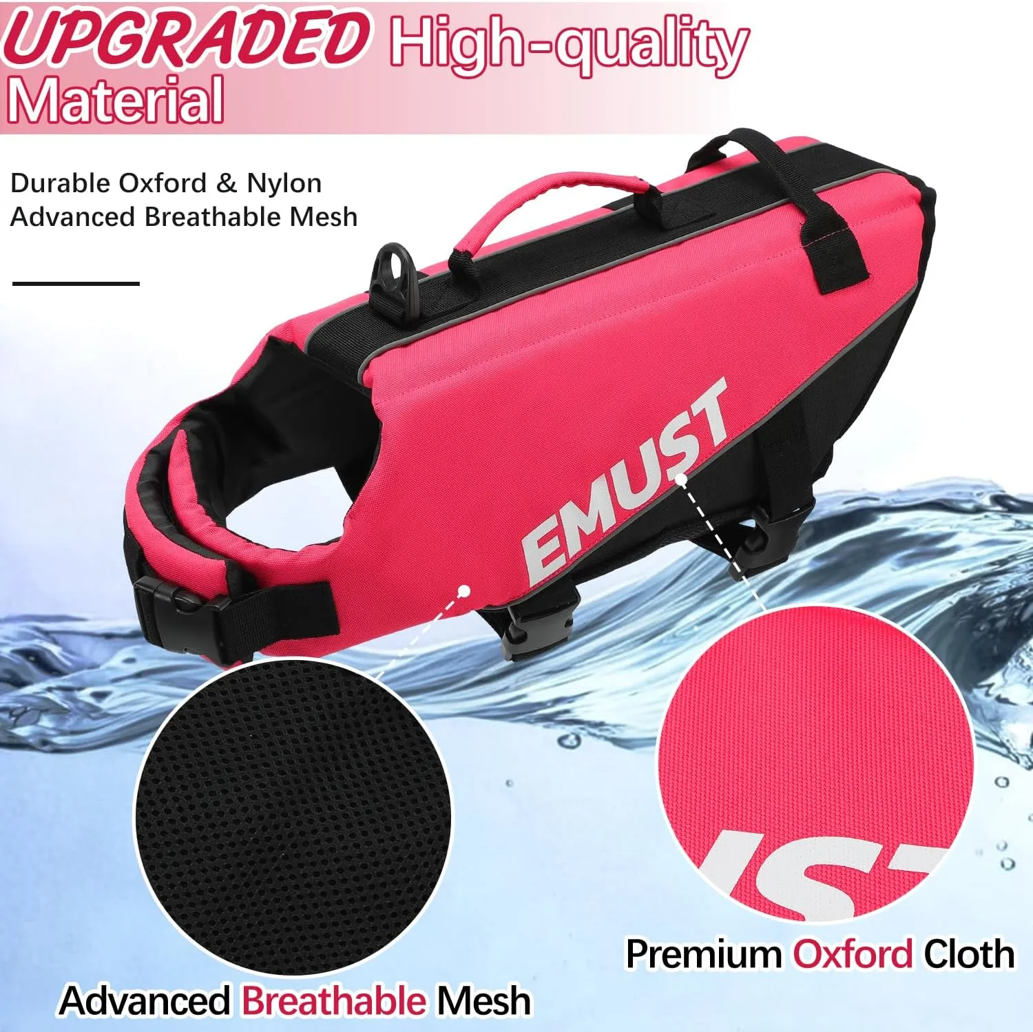 EMUST Dog Life Vests, Adjustable Pet Life Jacket with Rescue Handle, Dog Flotation Vest for Small/Medium/Large Dogs, XS, Rosepink