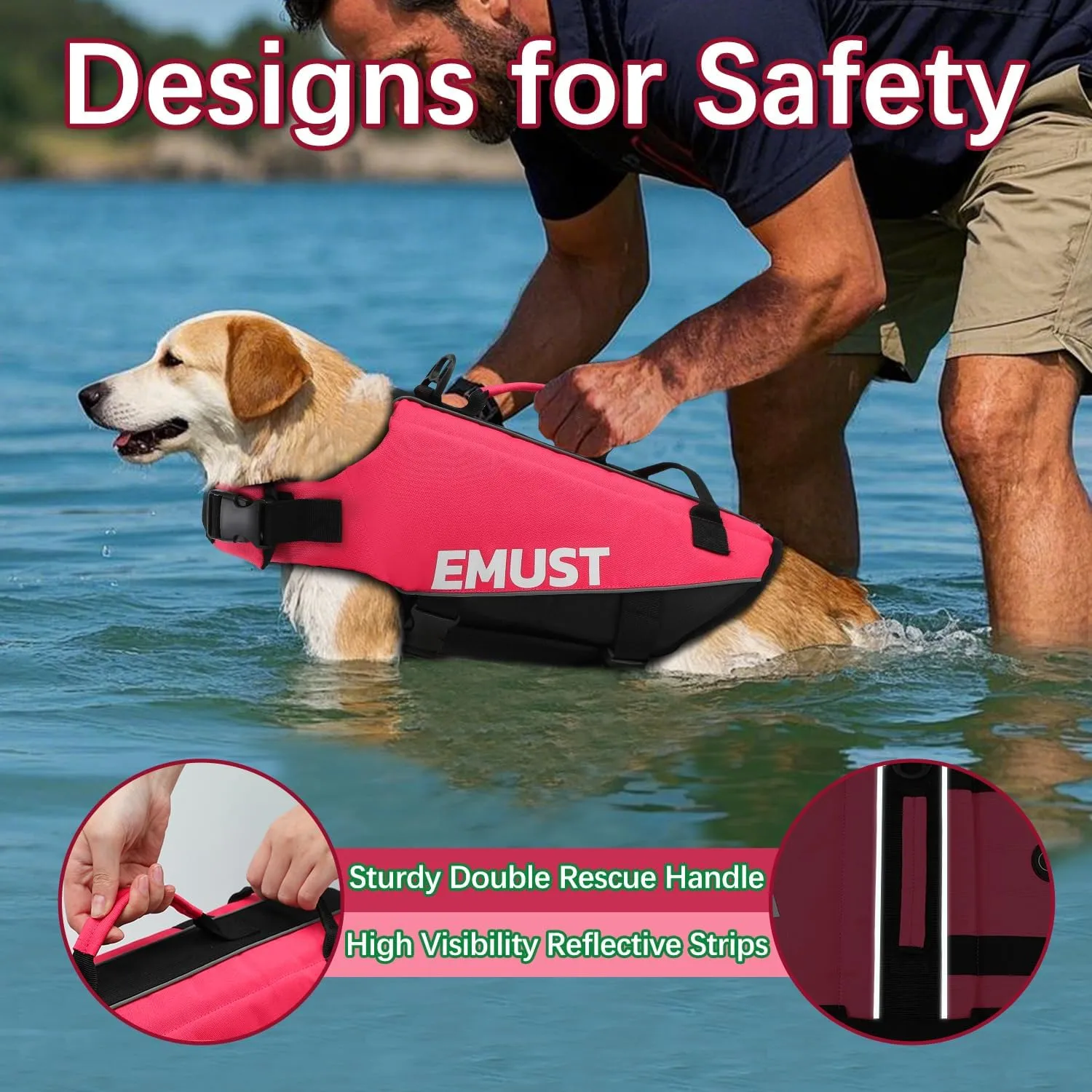 EMUST Dog Life Vests, Adjustable Pet Life Jacket with Rescue Handle, Dog Flotation Vest for Small/Medium/Large Dogs, XS, Rosepink