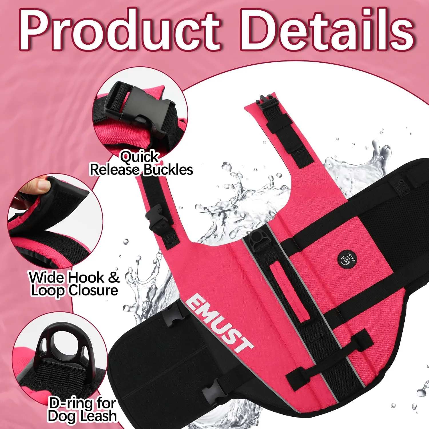 EMUST Dog Life Vests, Adjustable Pet Life Jacket with Rescue Handle, Dog Flotation Vest for Small/Medium/Large Dogs, XS, Rosepink
