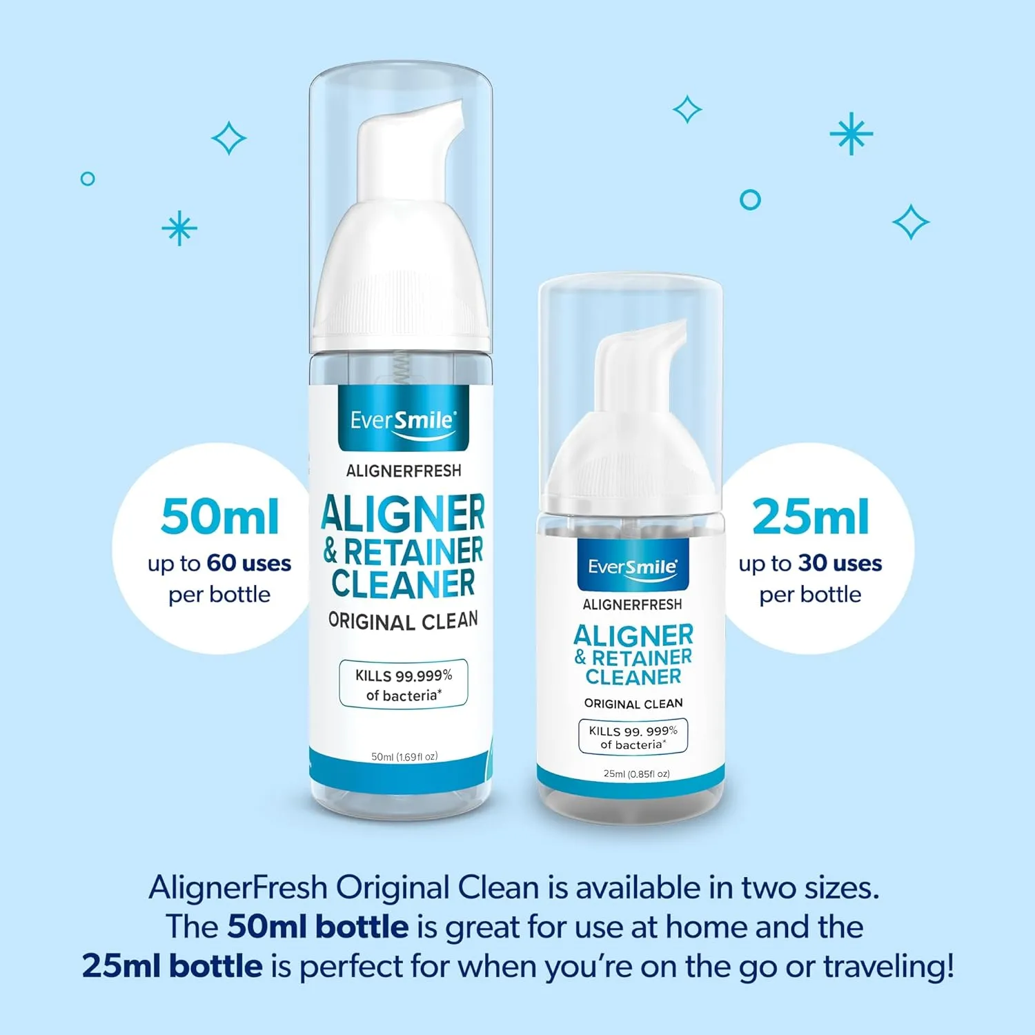 EverSmile AlignerFresh Original Clean Foam  Cleaner Compatible w/Invisalign and All Clear Aligners & Retainers  Eliminates Bacteria, Whitens Teeth, Fights Bad Breath  50ml (1 Pack)