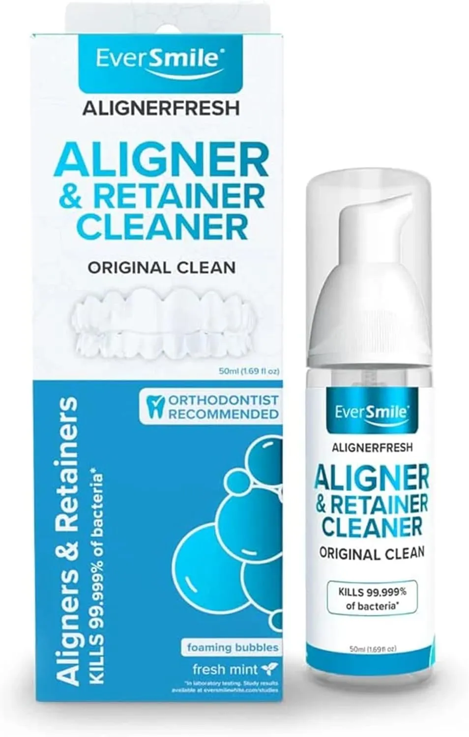 EverSmile AlignerFresh Original Clean Foam  Cleaner Compatible w/Invisalign and All Clear Aligners & Retainers  Eliminates Bacteria, Whitens Teeth, Fights Bad Breath  50ml (1 Pack)