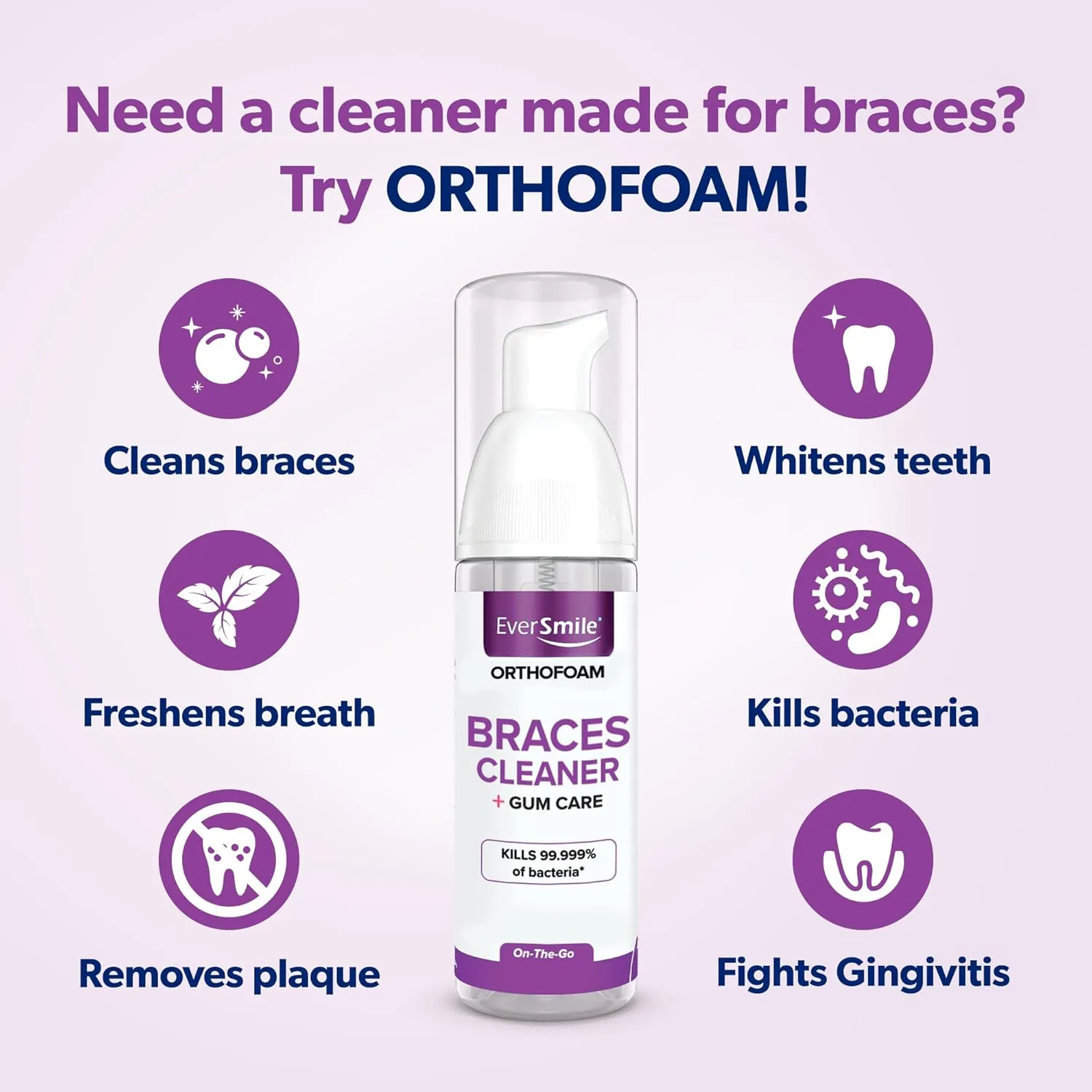 EverSmile OrthoFoam Braces Cleaner  Travel Size  Brushable Foam Whitens Teeth, Eliminates Bacteria, Fights Plaque and Bad Breath  Cleans Under Metal, Ceramic, Clear Brackets and Wires  25ml(4 Pk)