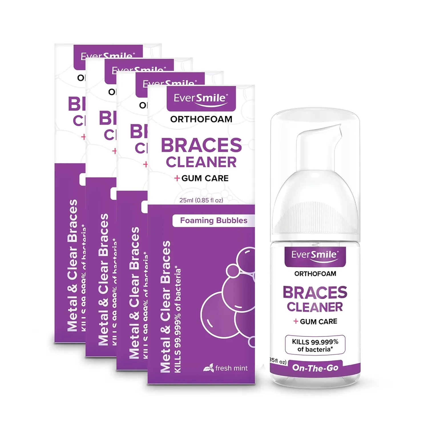 EverSmile OrthoFoam Braces Cleaner  Travel Size  Brushable Foam Whitens Teeth, Eliminates Bacteria, Fights Plaque and Bad Breath  Cleans Under Metal, Ceramic, Clear Brackets and Wires  25ml(4 Pk)