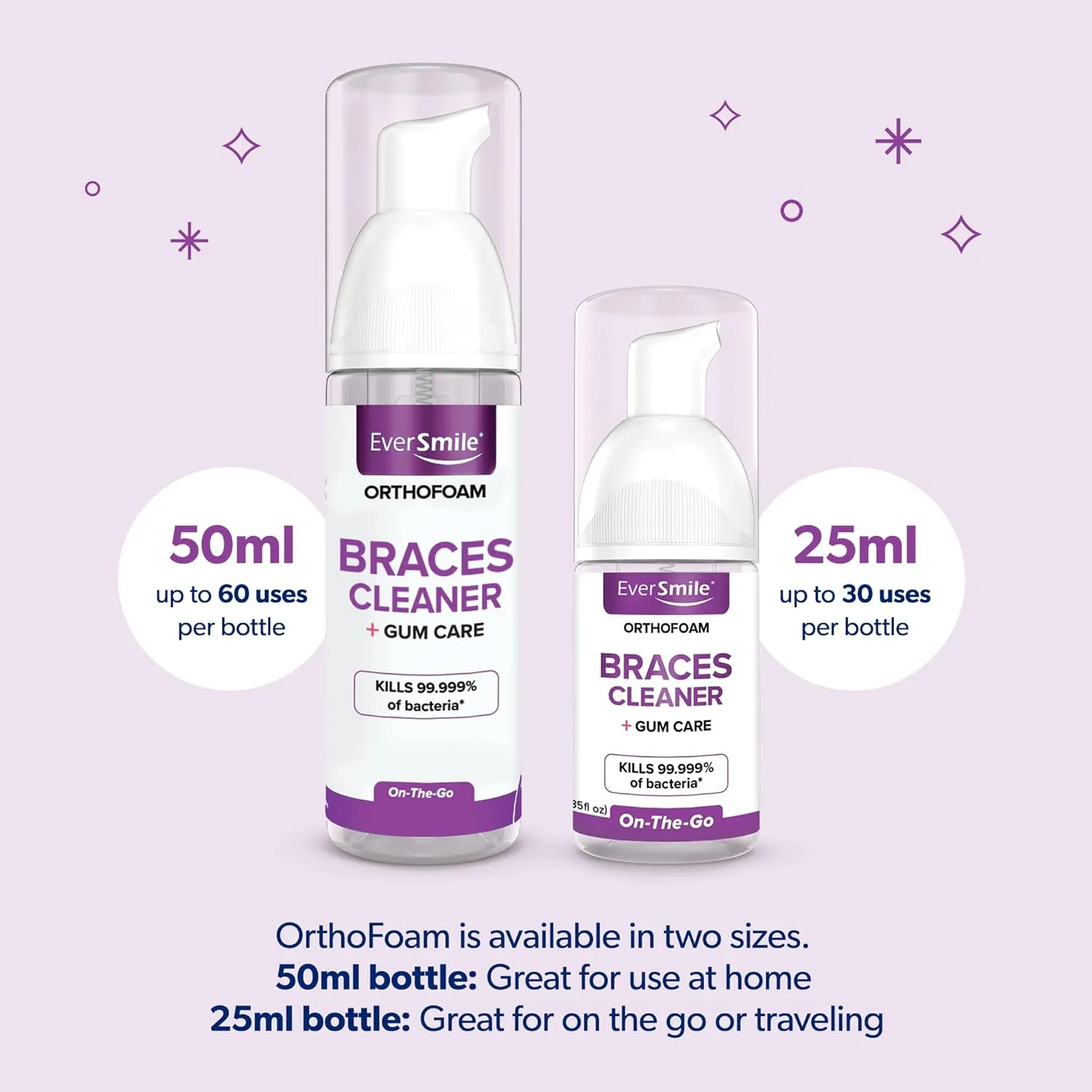 EverSmile OrthoFoam Braces Cleaner  Travel Size  Brushable Foam Whitens Teeth, Eliminates Bacteria, Fights Plaque and Bad Breath  Cleans Under Metal, Ceramic, Clear Brackets and Wires  25ml(4 Pk)