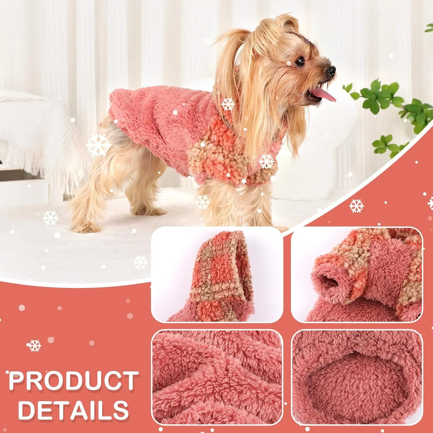 Fleece Dog Sweater Hoodie Warm Fuzzy Velvet Sweaters Winter Clothes for Small Dogs Girl Boy (Orange Plaid, XX-Small)