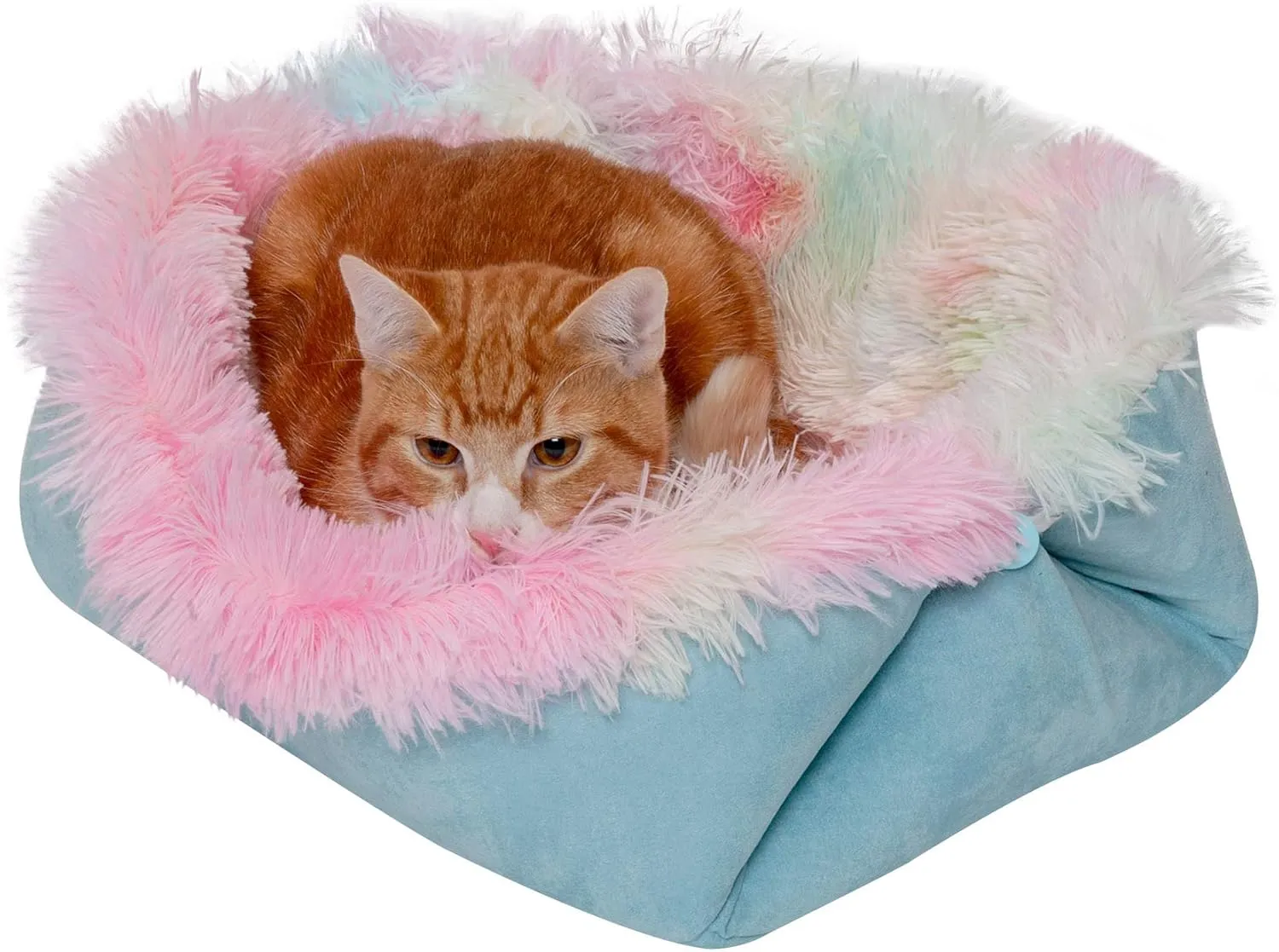 Furhaven Self-Warming Cat Bed for Indoor Cats, 4-Beds-in-1 & Washable - Plush Long Faux Fur Convertible Cuddler - Rainbow, Small