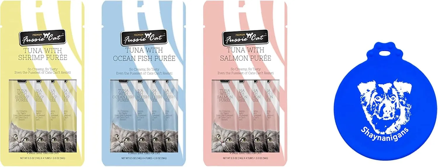Fussie Cat Puree Grain Free Treat in 3 Flavor Bundle: 1 Tuna with Salmon, 1 Tuna with Ocean Fish & 1 Tuna with Shrimp (3 Four-Tube Packs, 12 Tubes Total, 0.5 Oz per Tube)   Shaynanigans Silicone Lid
