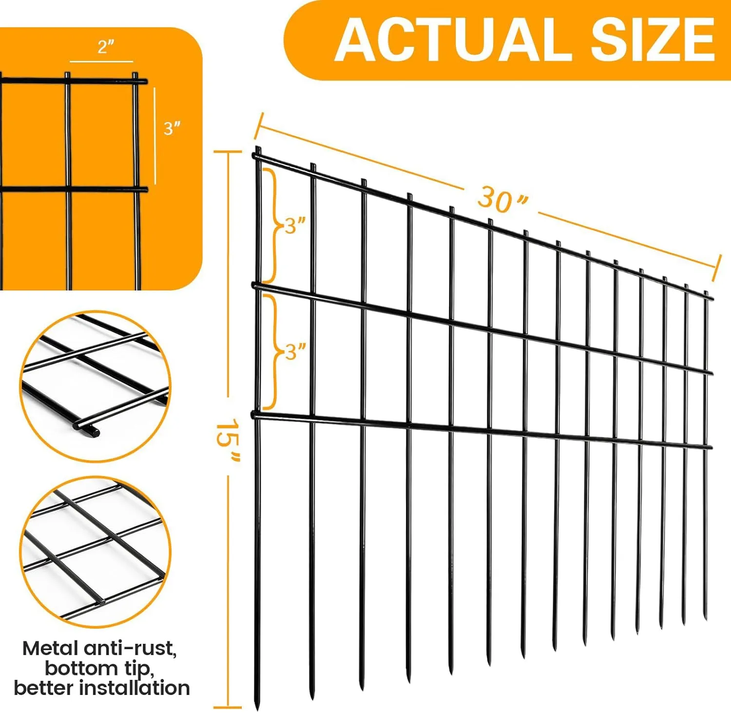 Garden Fencing Animal Barrier 25 ft(L)15 in(H), 10 Panels No Dig Underground Critter Barrier for Decks, Small or Medium Pet Dog Digging Fence, Rust-Proof Metal Stakes