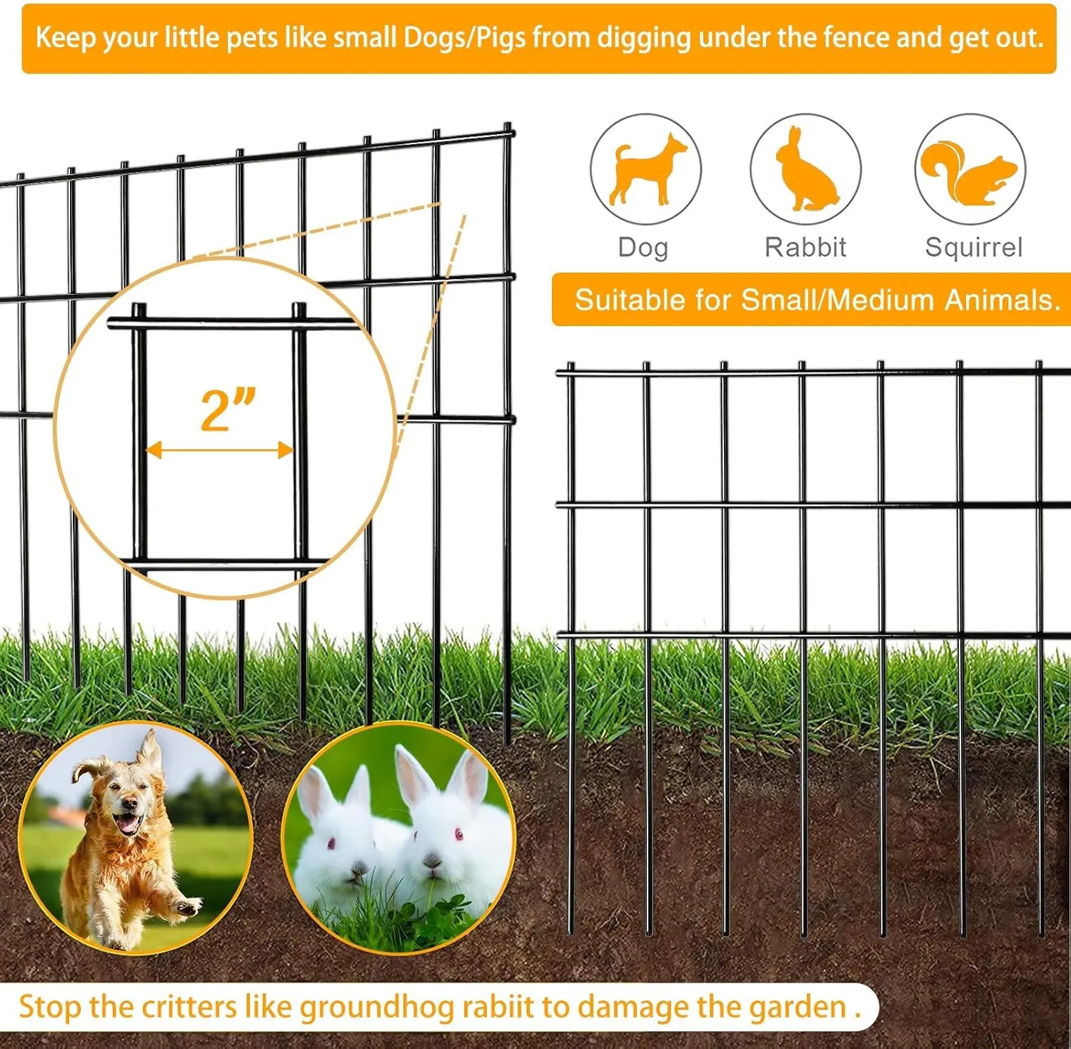 Garden Fencing Animal Barrier 25 ft(L)15 in(H), 10 Panels No Dig Underground Critter Barrier for Decks, Small or Medium Pet Dog Digging Fence, Rust-Proof Metal Stakes
