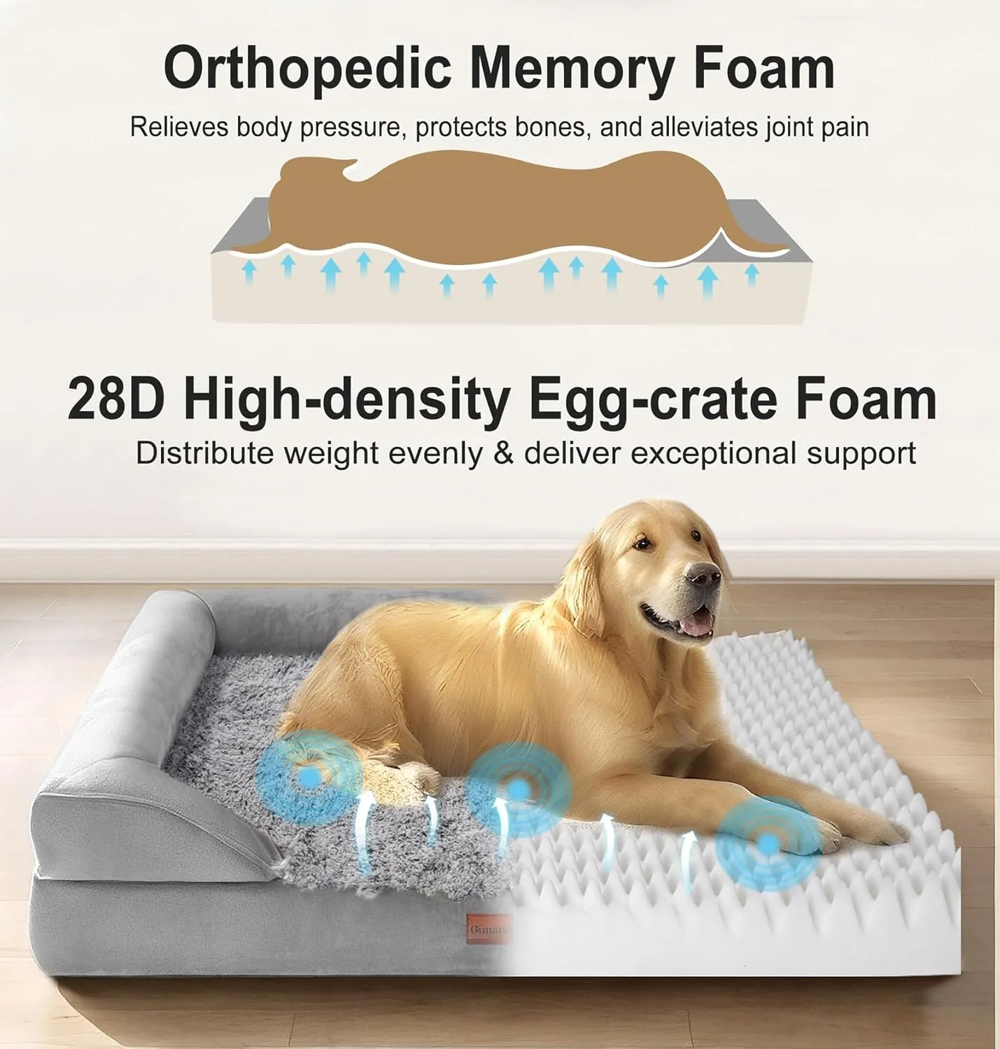 Gimars 3.7in Thickened Orthopedic Dog Bed for Large Dogs, Supportive Washable XL Dog Sofa Bed with Bolster & 28D Egg-Crate Mattress, Waterproof Lining for Anti Chewing & Biting