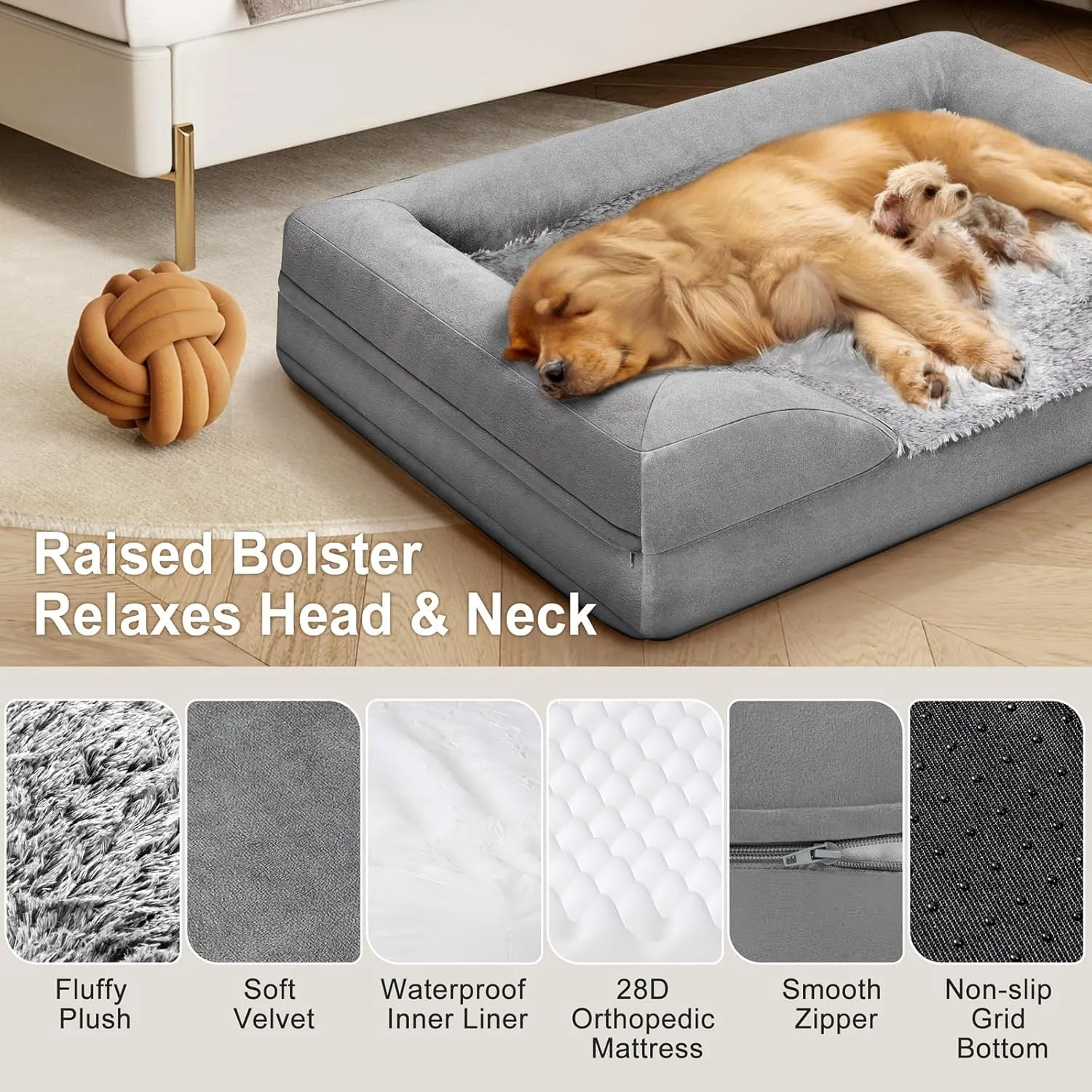 Gimars 3.7in Thickened Orthopedic Dog Bed for Large Dogs, Supportive Washable XL Dog Sofa Bed with Bolster & 28D Egg-Crate Mattress, Waterproof Lining for Anti Chewing & Biting