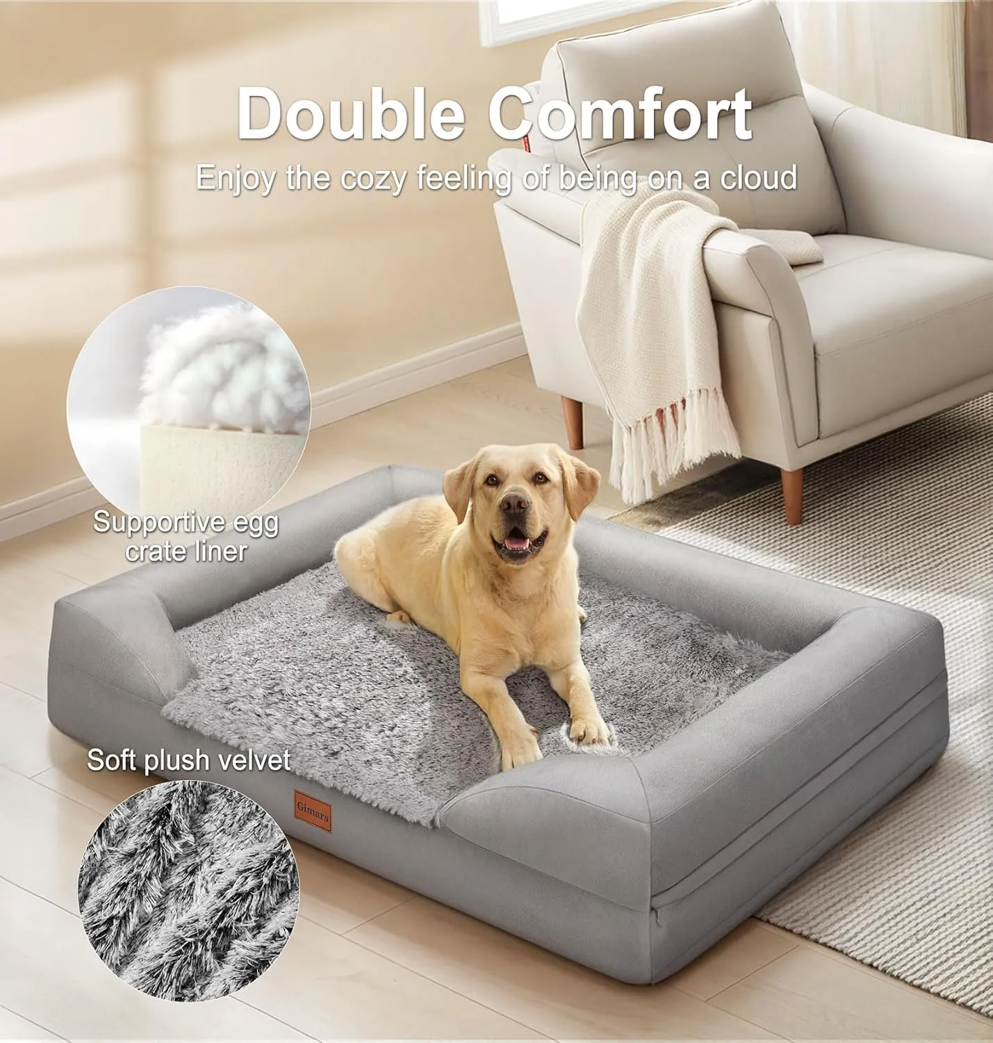Gimars 3.7in Thickened Orthopedic Dog Bed for Large Dogs, Supportive Washable XL Dog Sofa Bed with Bolster & 28D Egg-Crate Mattress, Waterproof Lining for Anti Chewing & Biting