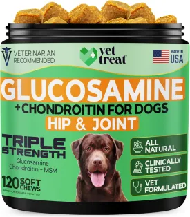 Glucosamine for Dogs  Hip & Joint Supplement with Chondroitin, MSM, Turmeric, Hemp Oil & Green Lipped Mussel  Arthritis Pain Relief, Mobility Support  Vet-Formulated, USA Made  120 Chews