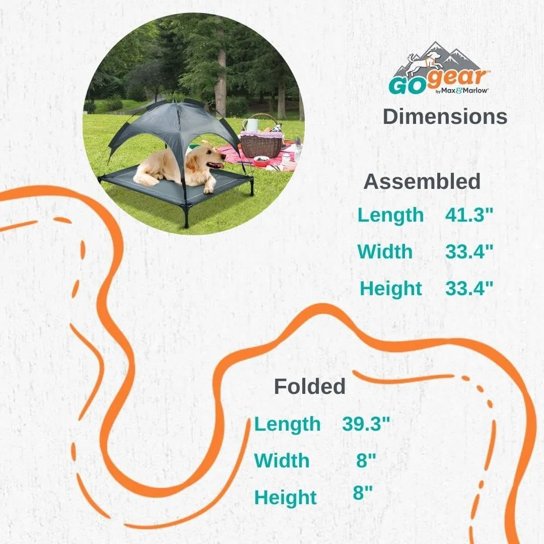 Go Gear by Max & Marlow Outdoor Dog Bed with Canopy, Outdoor Dog Cot Elevated Pet Cot Raised Dog Bed with Canopy Removable Dog Tent Portable for Summer Camping or Beach UV Resistant, Gray