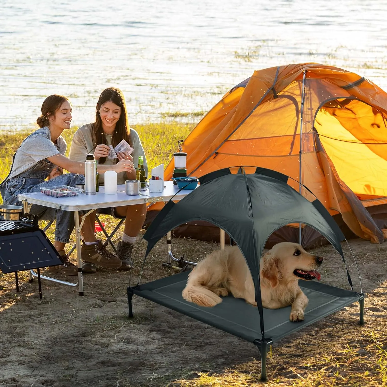 Go Gear by Max & Marlow Outdoor Dog Bed with Canopy, Outdoor Dog Cot Elevated Pet Cot Raised Dog Bed with Canopy Removable Dog Tent Portable for Summer Camping or Beach UV Resistant, Gray