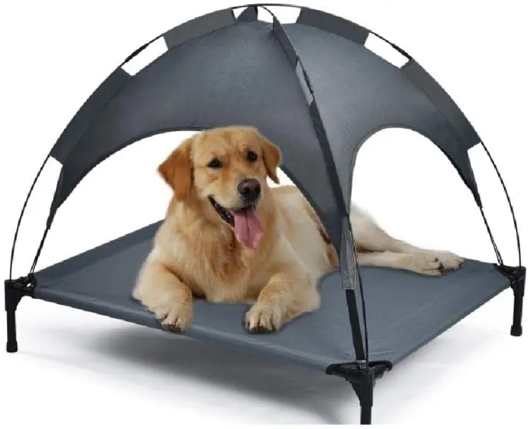 Go Gear by Max & Marlow Outdoor Dog Bed with Canopy, Outdoor Dog Cot Elevated Pet Cot Raised Dog Bed with Canopy Removable Dog Tent Portable for Summer Camping or Beach UV Resistant, Gray