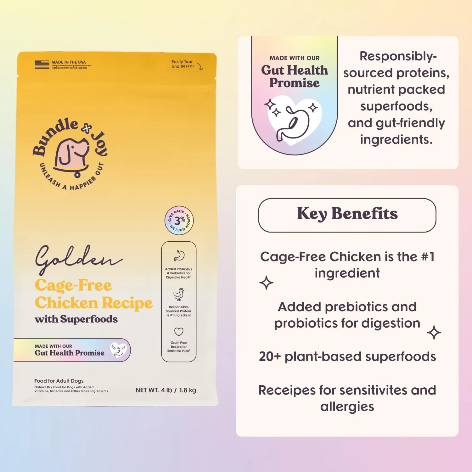 Golden Probiotic Dog Food Dry, Chicken, 4lb Bag, Allergy and Gut-Friendly Adult Kibble for Digestive Health with Cage-Free Chicken, 20 Plant Based Superfoods, Beef and Grain Free