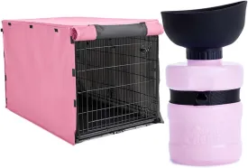 Gorilla Grip Heavy Duty Light Reducing Dog Crate Covers and Portable Dog Water Bottle with Built in Bowl, Crate Size 42 in, All Sides Open, Bottle Size 12 Oz, No Spill, Both Color Pink, 2 Item Bundle