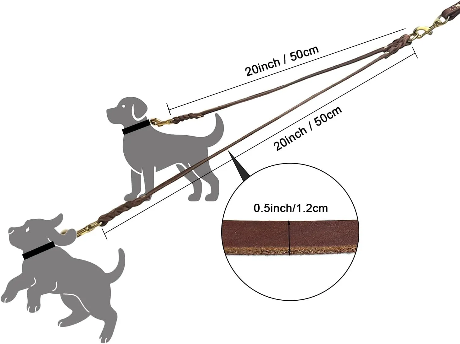 Guiding Star Leather Double Dog Leash for Two Dogs, Two Dog Leash No Tangle, Leather Dual Dog Leash, Leather Dog Leash for Two Dogs with One Lead (1/2*20, Brown)
