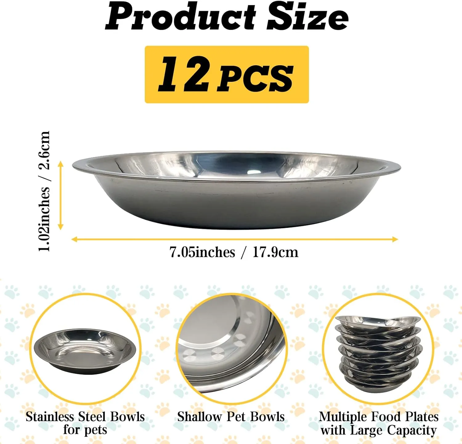 Hamiledyi 12 Pcs Stainless Steel Cat Bowls Replacement Whisker Fatigue Relief Cat Plates Pet Water Dish Shallow Kitten Bowls Pet Bowls for Dogs Cats or Other Small Animals (7.05 Inch Diameter)