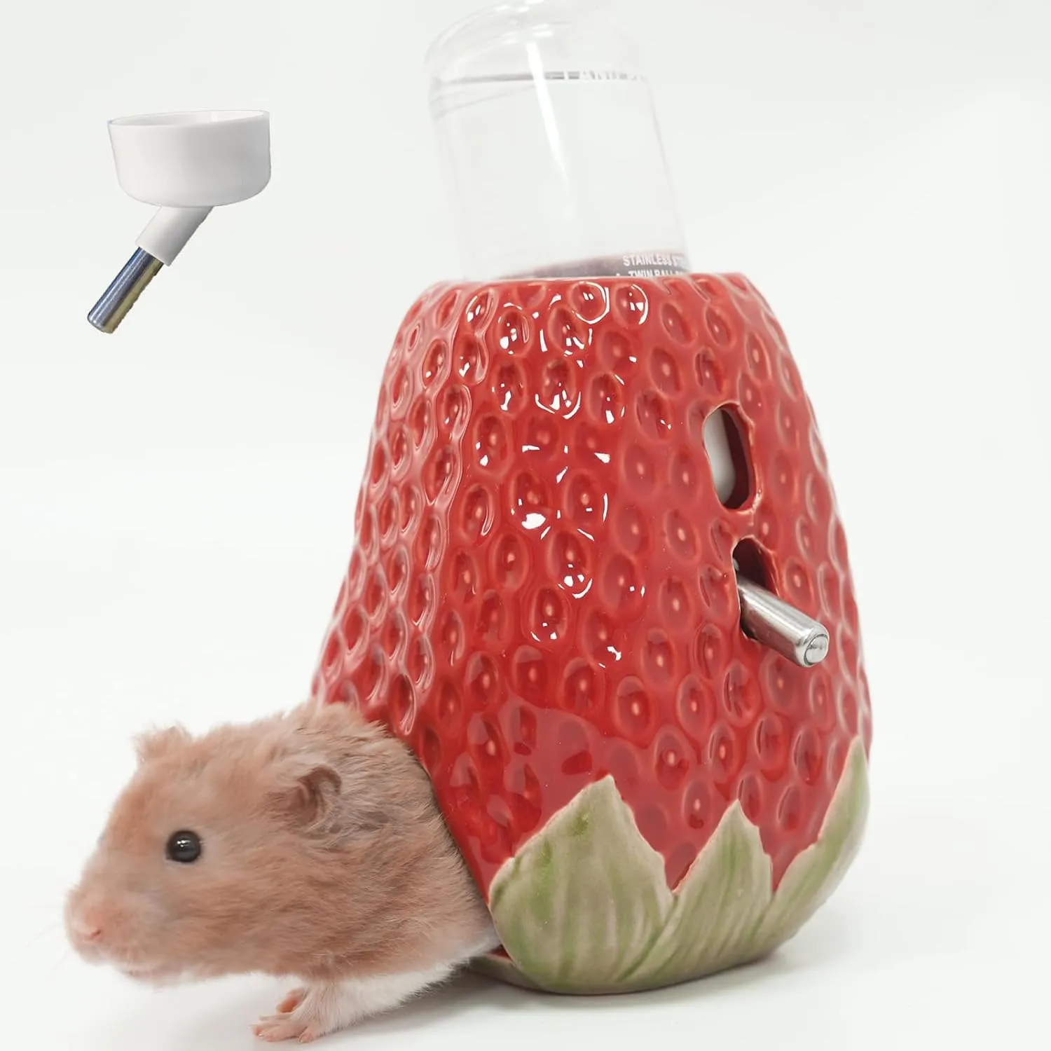 Hamster Water Bottle, Strawberry Ceramic Hamster Water Bottle for Glass Tank, 80ML Water Bottle Holder with 2 No Drip Caps for Syrian Mice, Gerbil
