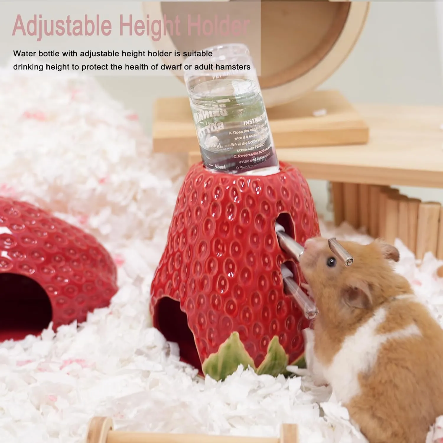 Hamster Water Bottle, Strawberry Ceramic Hamster Water Bottle for Glass Tank, 80ML Water Bottle Holder with 2 No Drip Caps for Syrian Mice, Gerbil